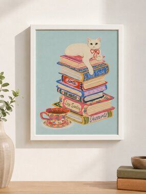 Sapna Shah Cat on Books Framed Wall Art Book Lover Reading Nook Decor 11x14 NEW
